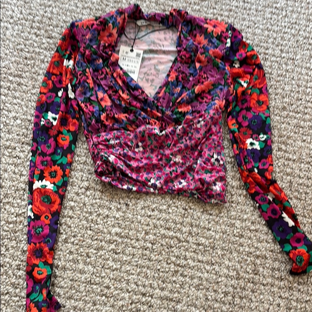 Zara Floral Long Sleeve Wrap Top